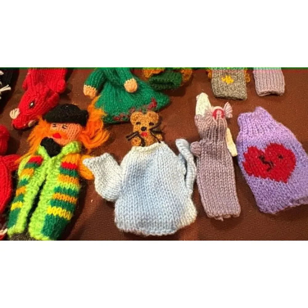 Lot of 22  Knitted  Finger Puppets People Coffee Pot Animals